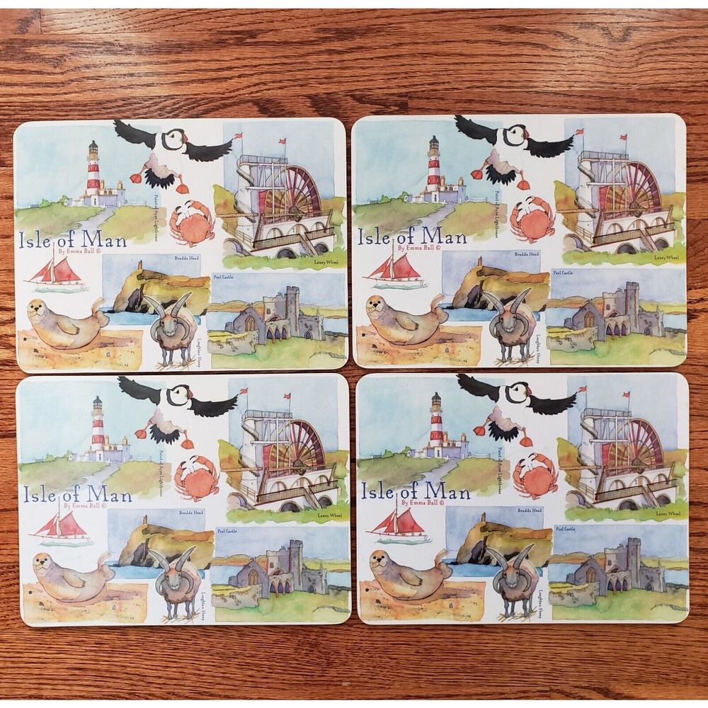Set of Four Isle of Man by Emma Ball Melamine Cork‎ Placemats Watercolors
